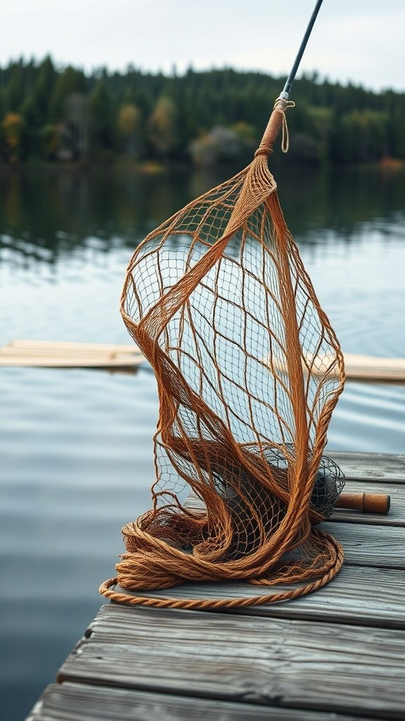 Fishing net on a dock by the water