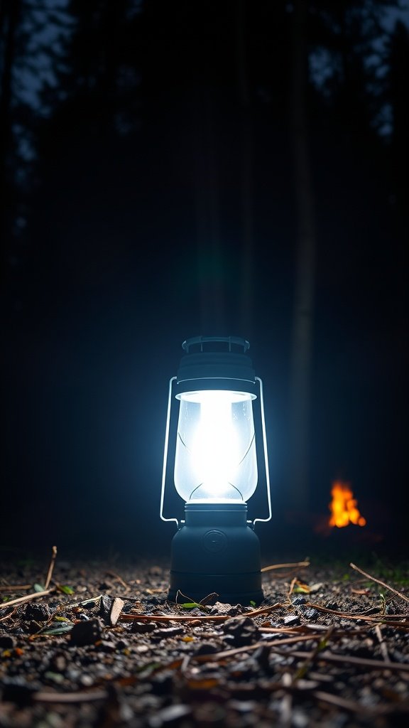 A bright lantern illuminating the ground in a forest at night, with a campfire in the background.