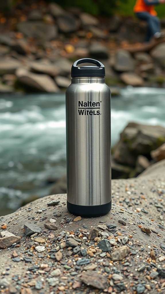 A stainless steel insulated water bottle on a rocky surface beside a flowing stream.