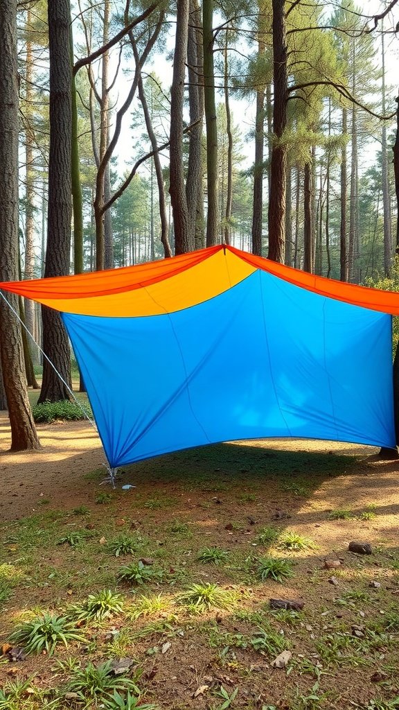 A colorful lightweight tarp set up among trees for camping shelter.