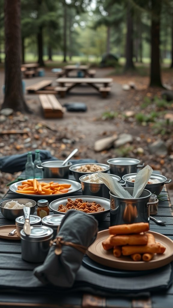 A camping mess kit setup with various containers of food on a picnic table in a forest.