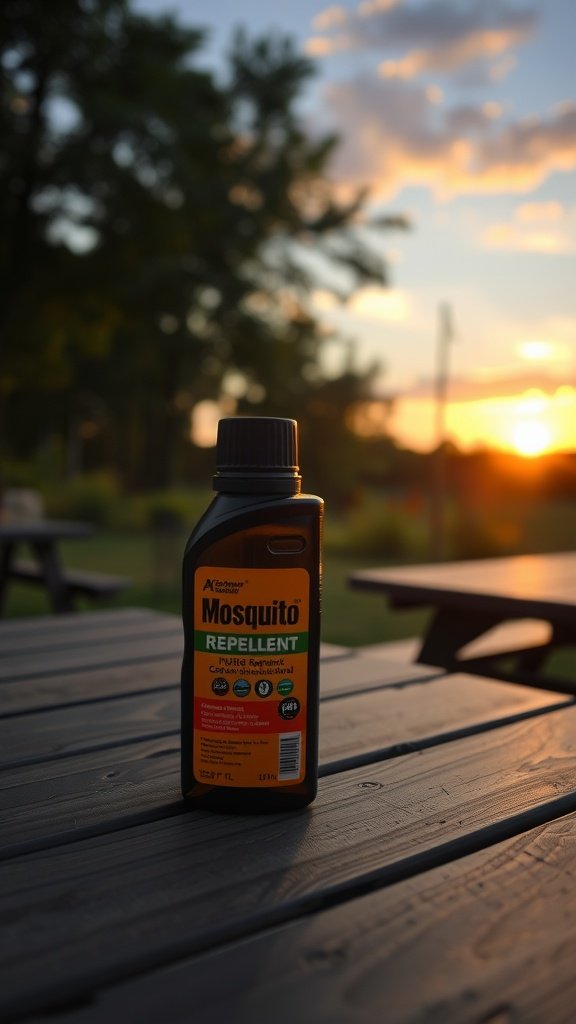 Mosquito repellent bottle on a picnic table at sunset
