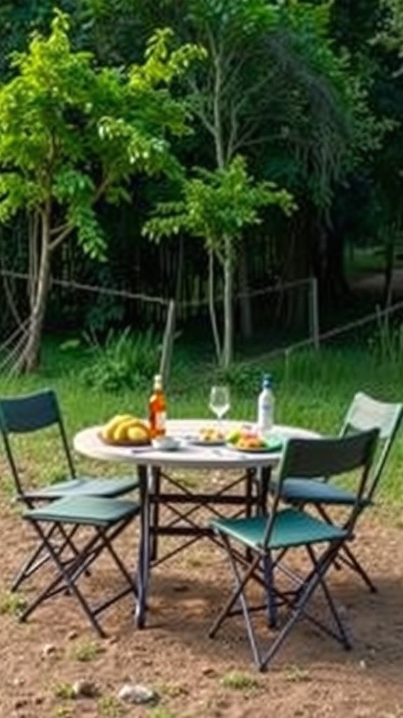 Camping table set up with food and drinks in a natural setting