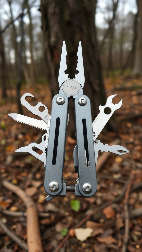 A multi-tool displayed outdoors, showcasing its various tools such as pliers, knife, and screwdriver.