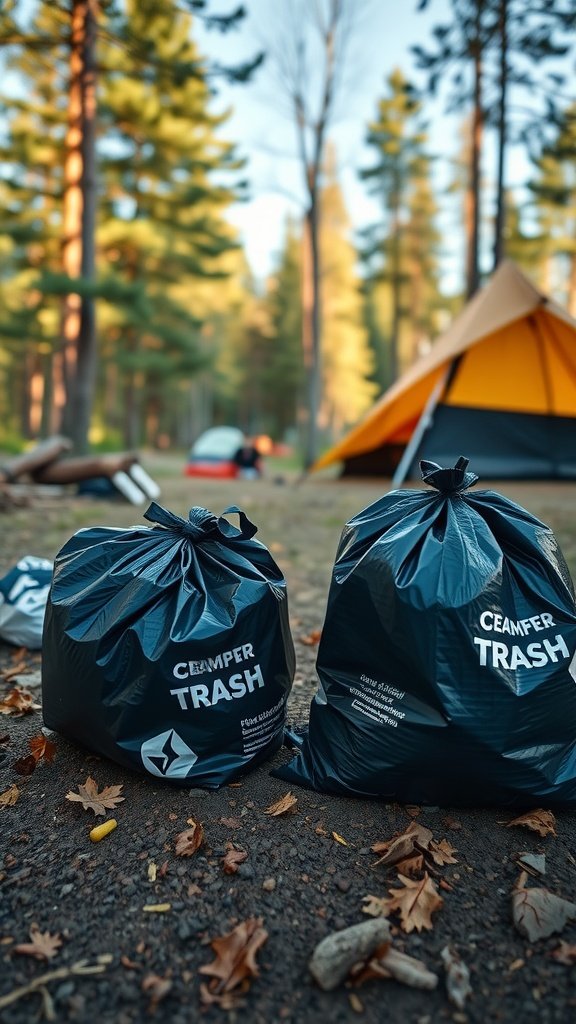 Black trash bags labeled Camper Trash at a campsite