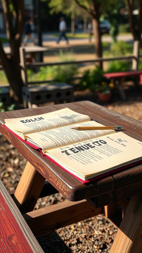 An open nature journal on a picnic table, set in a green outdoor space, with a pen lying on top.