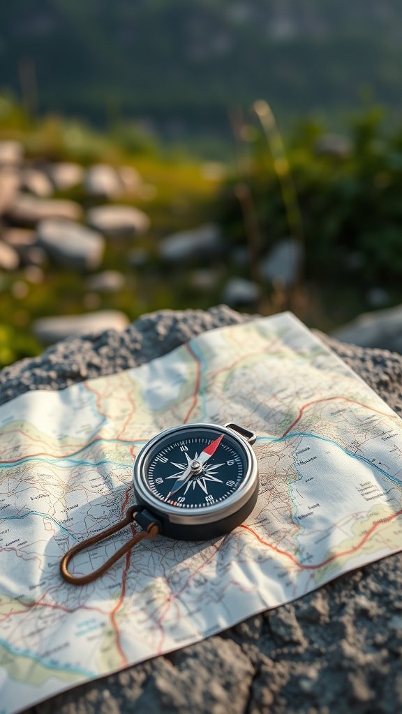 A compass on a map placed on a rock outdoors