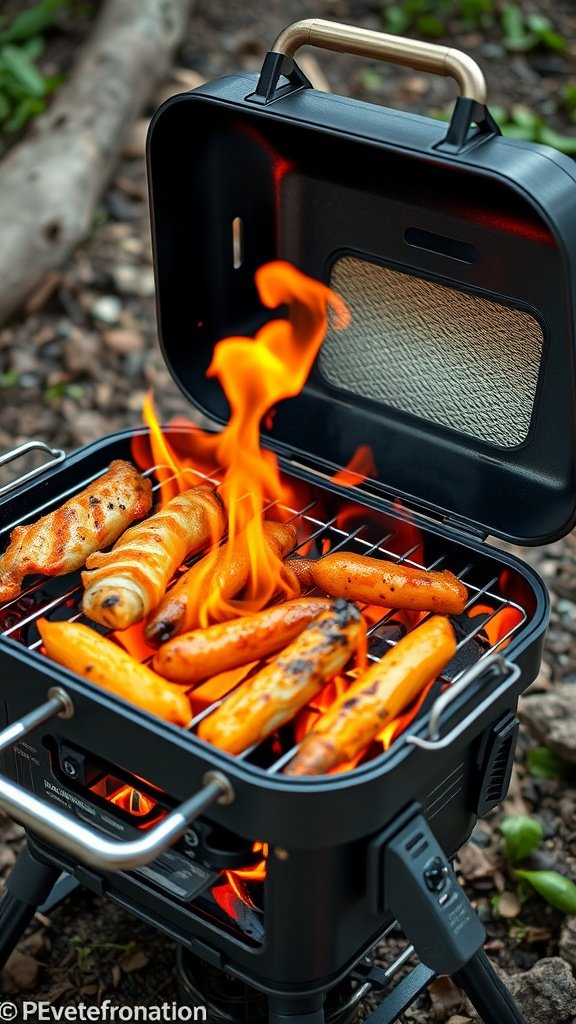 A compact outdoor grill with flames and hot dogs cooking on it.