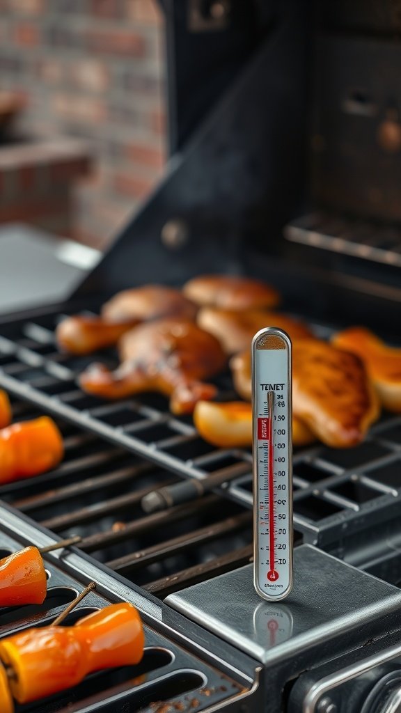 A cooking thermometer on a grill with grilled food in the background.