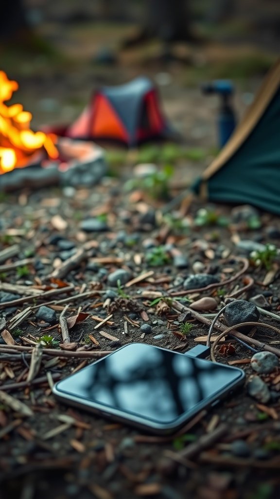 Portable charger on the ground with a campfire and tents in the background