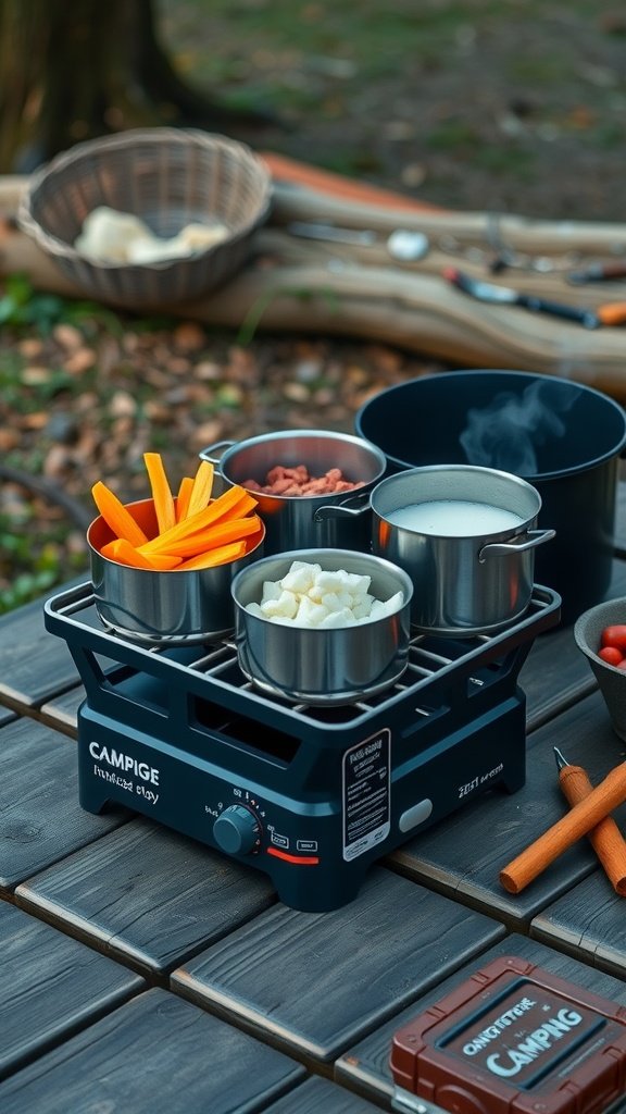 A portable camping stove with pots containing carrots, potatoes, and broth, set on a wooden table in an outdoor setting.