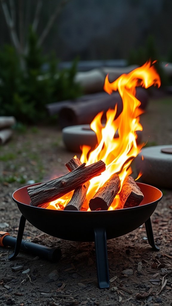 A portable fire pit with burning logs, creating a warm glow outdoors.