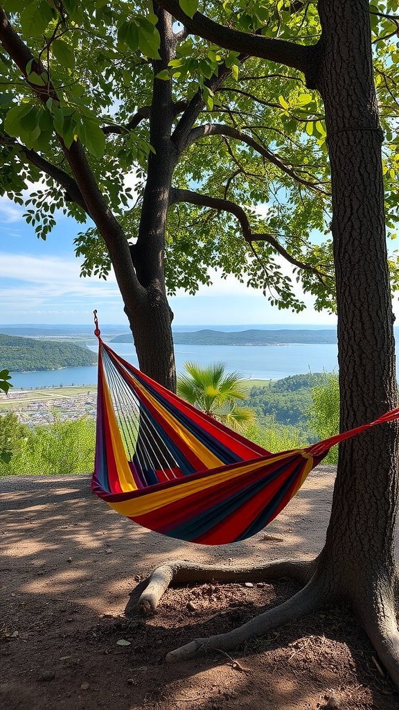 Colorful portable hammock hung between two trees, overlooking a scenic view of a lake and lush greenery.