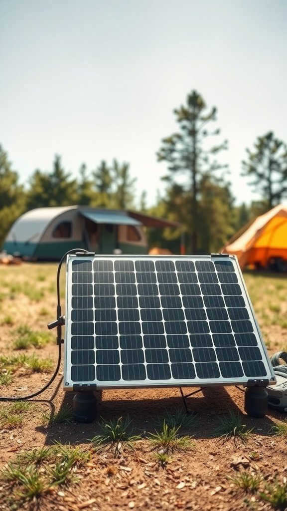 A portable solar panel set up outdoors near camping tents