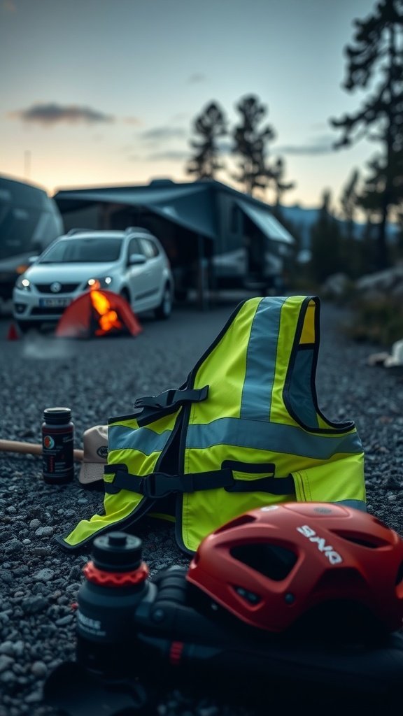 A bright yellow reflective safety vest, red helmet, and camping supplies laid out on gravel with RVs and a campfire in the background