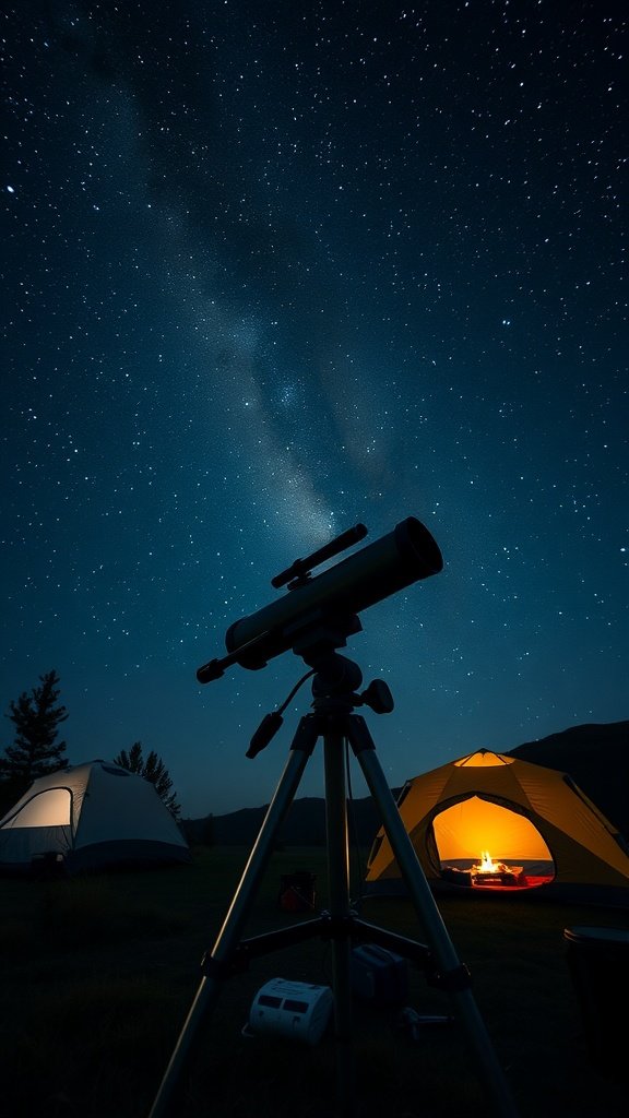 A telescope at a campsite under a starry sky with a lit tent.