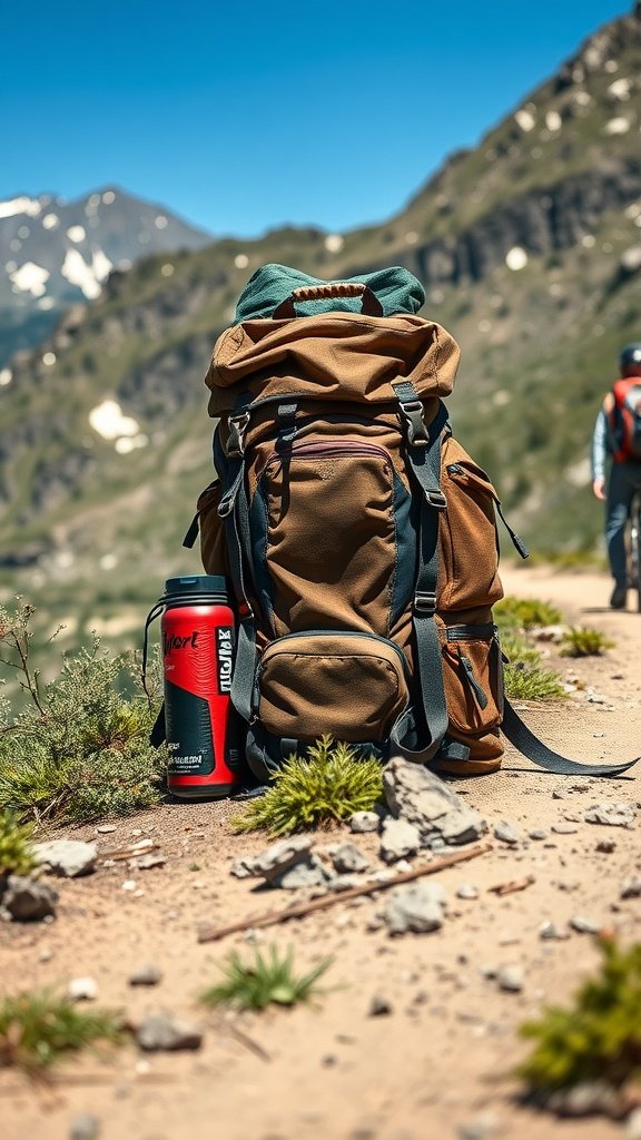 A sturdy brown backpack with a water bottle on a hiking trail