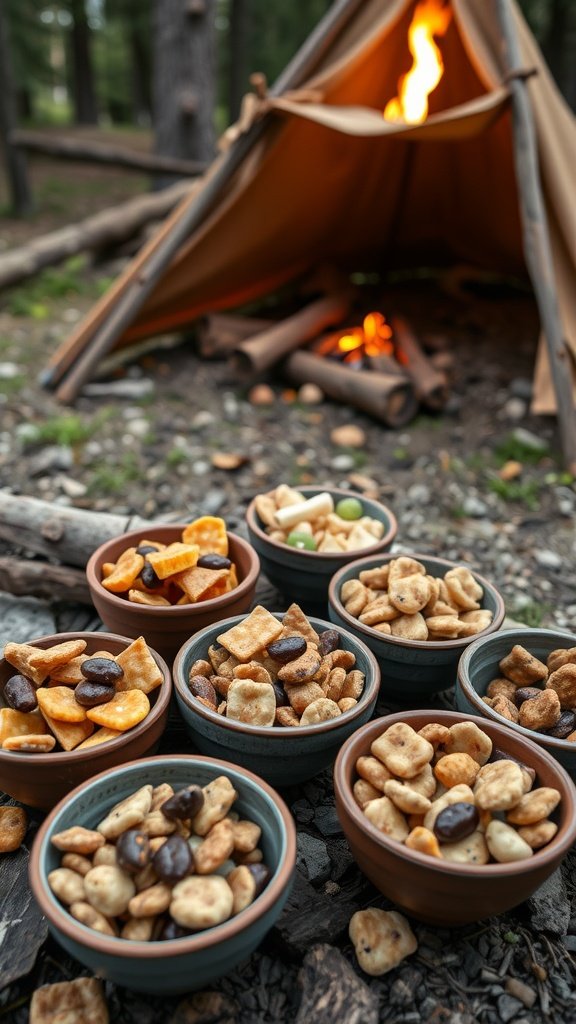 A variety of snacks in bowls placed on the ground near a campfire and tent.