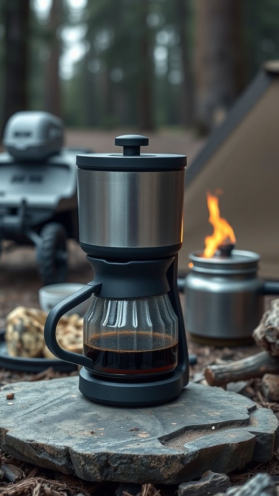 A travel-friendly coffee maker on a stone surface at a campsite with a kettle and cookies in the background.