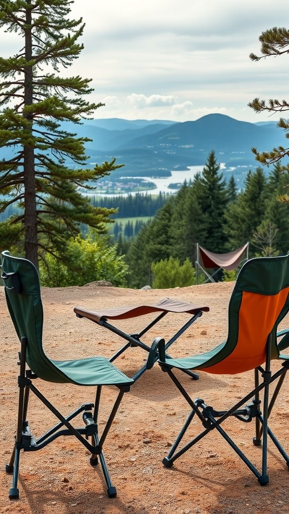 Two camping chairs in front of a scenic mountain and lake view