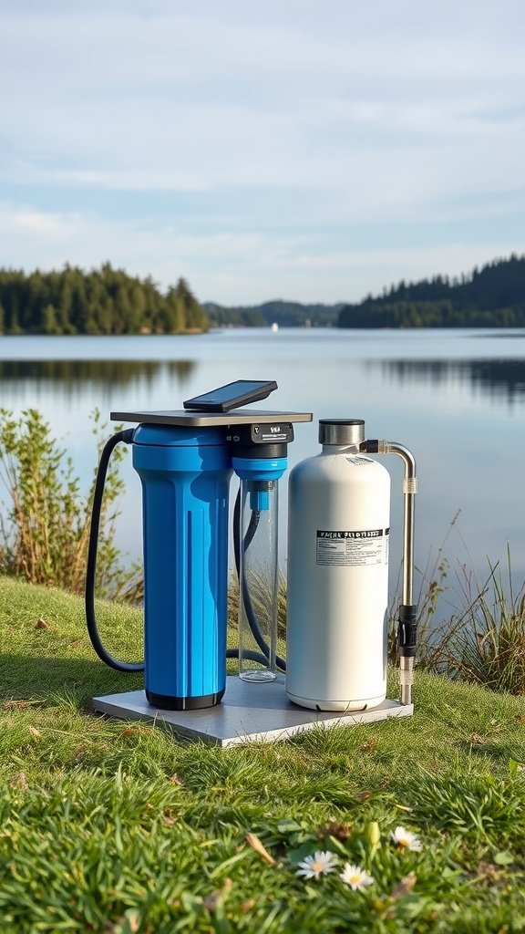 Water filtration system set up by a lake, showing a blue filter unit and a white canister, with nature in the background.