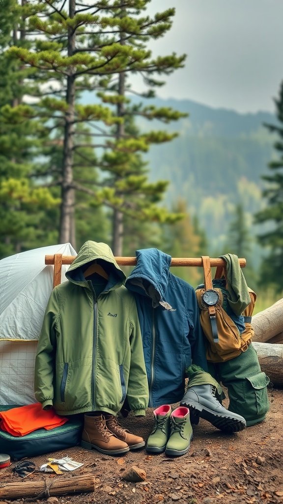 Weather-resistant clothing displayed outdoors, including jackets and boots, in a camping setting