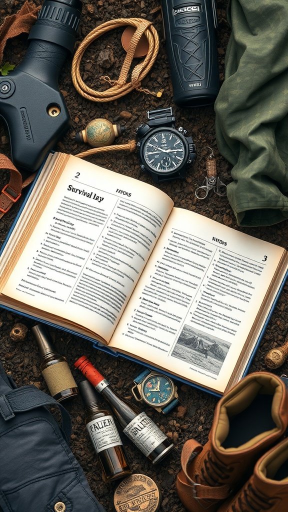 A collection of camping and survival equipment, including a survival guide, flashlight, watch, and boots, arranged on a ground surface.