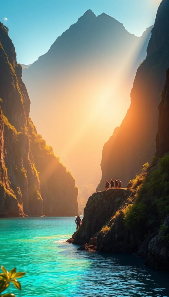 A breathtaking coastal hiking trail in Oceania, with towering cliffs, lush rainforest, and crystal-clear turquoise waters in the foreground. In the middle ground, a group of adventurous hikers navigating the rugged terrain, their silhouettes framed against the backdrop of a majestic mountain range. Warm, golden sunlight filters through the canopy, casting a serene, ethereal glow over the entire scene. The composition is balanced, with a sense of depth and scale that captures the awe-inspiring beauty of this remote, untamed corner of the world. A breathtaking coastal hiking trail in Oceania, with towering cliffs, lush rainforest, and crystal-clear turquoise waters in the foreground. In the middle ground, a group of adventurous hikers navigating the rugged terrain, their silhouettes framed against the backdrop of a majestic mountain range. Warm, golden sunlight filters through the canopy, casting a serene, ethereal glow over the entire scene. The composition is balanced, with a sense of depth and scale that captures the awe-inspiring beauty of this remote, untamed corner of the world.