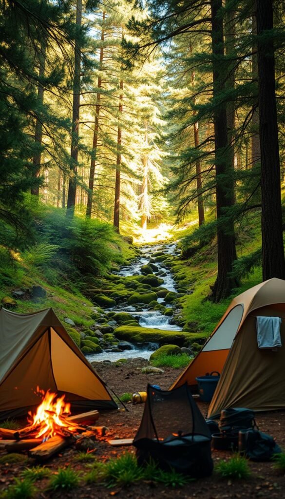 A cozy campsite nestled in a lush, forest clearing. The foreground features a well-equipped campsite with a sturdy tent, a crackling campfire, and camping gear neatly arranged. The middle ground showcases a serene, babbling brook winding through the scene, with mossy rocks and verdant ferns lining its banks. In the background, towering pine trees rise up, their branches casting warm, dappled light over the entire composition. The overall mood is one of relaxation and tranquility, inviting the viewer to envision a peaceful, restful night's sleep in this idyllic outdoor setting. A cozy campsite nestled in a lush, forest clearing. The foreground features a well-equipped campsite with a sturdy tent, a crackling campfire, and camping gear neatly arranged. The middle ground showcases a serene, babbling brook winding through the scene, with mossy rocks and verdant ferns lining its banks. In the background, towering pine trees rise up, their branches casting warm, dappled light over the entire composition. The overall mood is one of relaxation and tranquility, inviting the viewer to envision a peaceful, restful night's sleep in this idyllic outdoor setting.