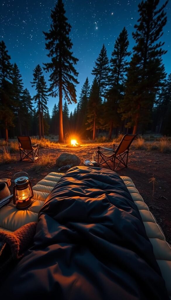 A cozy outdoor sleeping setup in a serene forest clearing. In the foreground, a well-insulated sleeping bag unfurled on a plush camping mattress, flanked by a pair of warm slippers. Nearby, a small camp lantern casts a soft, golden glow, illuminating the middle ground where a sturdy camping chair and a mug of hot tea await. In the background, towering pine trees sway gently, their silhouettes painted against a star-speckled night sky. The overall atmosphere is one of tranquility and comfort, inviting the weary traveler to settle in for a restful night under the canopy of nature. A cozy outdoor sleeping setup in a serene forest clearing. In the foreground, a well-insulated sleeping bag unfurled on a plush camping mattress, flanked by a pair of warm slippers. Nearby, a small camp lantern casts a soft, golden glow, illuminating the middle ground where a sturdy camping chair and a mug of hot tea await. In the background, towering pine trees sway gently, their silhouettes painted against a star-speckled night sky. The overall atmosphere is one of tranquility and comfort, inviting the weary traveler to settle in for a restful night under the canopy of nature.