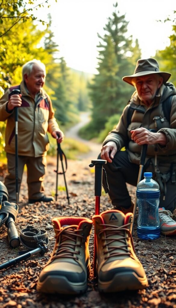 A cozy, well-lit hiking scene with an elderly couple gearing up for their adventure. In the foreground, their sturdy, supportive hiking boots, trekking poles, and water bottles are neatly arranged. The middle ground showcases their weathered, yet comfortable, moisture-wicking hiking attire - breathable fabrics, insulated jackets, and sun-shielding hats. In the background, a serene forest path winds through verdant foliage, promising a peaceful, invigorating journey. Gentle, natural lighting casts a warm, inviting glow, conveying a sense of tranquility and togetherness. The overall composition evokes a spirit of exploration, resilience, and a love for the great outdoors, perfectly capturing the essence of "Gear Recommendations for Senior Hikers". A cozy, well-lit hiking scene with an elderly couple gearing up for their adventure. In the foreground, their sturdy, supportive hiking boots, trekking poles, and water bottles are neatly arranged. The middle ground showcases their weathered, yet comfortable, moisture-wicking hiking attire - breathable fabrics, insulated jackets, and sun-shielding hats. In the background, a serene forest path winds through verdant foliage, promising a peaceful, invigorating journey. Gentle, natural lighting casts a warm, inviting glow, conveying a sense of tranquility and togetherness. The overall composition evokes a spirit of exploration, resilience, and a love for the great outdoors, perfectly capturing the essence of "Gear Recommendations for Senior Hikers".