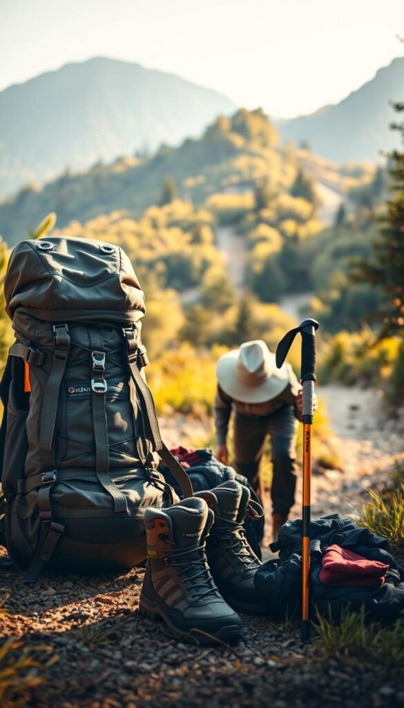 A cozy, well-lit scene showcasing the essential hiking gear for active seniors. In the foreground, a sturdy hiking backpack, sturdy hiking boots, and a trusty trekking pole stand ready. In the middle ground, a comfortable, moisture-wicking hiking top, sun hat, and a pair of durable, breathable hiking pants. In the background, a scenic mountain trail winds through lush, verdant foliage, bathed in warm, golden afternoon sunlight. The overall mood is one of preparedness, adventure, and the joy of exploring nature in one's golden years. A cozy, well-lit scene showcasing the essential hiking gear for active seniors. In the foreground, a sturdy hiking backpack, sturdy hiking boots, and a trusty trekking pole stand ready. In the middle ground, a comfortable, moisture-wicking hiking top, sun hat, and a pair of durable, breathable hiking pants. In the background, a scenic mountain trail winds through lush, verdant foliage, bathed in warm, golden afternoon sunlight. The overall mood is one of preparedness, adventure, and the joy of exploring nature in one's golden years.