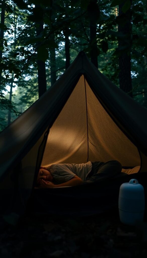 A dimly lit camping tent nestled in a tranquil forest glade, with a sleeping figure peacefully resting inside. The tent's fabric muffles the ambient forest sounds, creating a soothing, cocoon-like atmosphere. Soft, diffused natural light filters through the tent, casting gentle shadows and highlighting the camper's serene expression. The surrounding foliage provides a natural noise barrier, shielding the sleeper from disruptive environmental noises. A small, discreet white noise machine sits nearby, emitting a calming, static-like hum to further mask any remaining external sounds. The overall scene evokes a sense of solace, comfort, and restful slumber amid the great outdoors. A dimly lit camping tent nestled in a tranquil forest glade, with a sleeping figure peacefully resting inside. The tent's fabric muffles the ambient forest sounds, creating a soothing, cocoon-like atmosphere. Soft, diffused natural light filters through the tent, casting gentle shadows and highlighting the camper's serene expression. The surrounding foliage provides a natural noise barrier, shielding the sleeper from disruptive environmental noises. A small, discreet white noise machine sits nearby, emitting a calming, static-like hum to further mask any remaining external sounds. The overall scene evokes a sense of solace, comfort, and restful slumber amid the great outdoors.