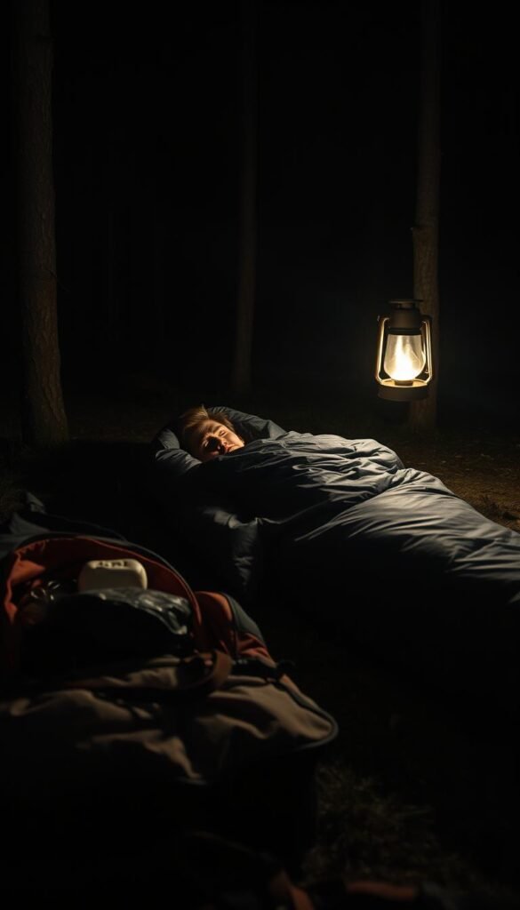 A dimly lit forest campsite at night, with a person lying in a sleeping bag, brow furrowed in frustration. An open backpack nearby, its contents spilling out. A half-assembled camping mattress and pillow lie next to the person, suggesting a struggle to find comfort. The scene is lit by the soft glow of a lantern, casting long shadows and creating an atmosphere of contemplation. The background is filled with the silhouettes of tall pine trees, adding to the sense of isolation. The overall mood conveys the challenges of finding restful sleep in the great outdoors. A dimly lit forest campsite at night, with a person lying in a sleeping bag, brow furrowed in frustration. An open backpack nearby, its contents spilling out. A half-assembled camping mattress and pillow lie next to the person, suggesting a struggle to find comfort. The scene is lit by the soft glow of a lantern, casting long shadows and creating an atmosphere of contemplation. The background is filled with the silhouettes of tall pine trees, adding to the sense of isolation. The overall mood conveys the challenges of finding restful sleep in the great outdoors.