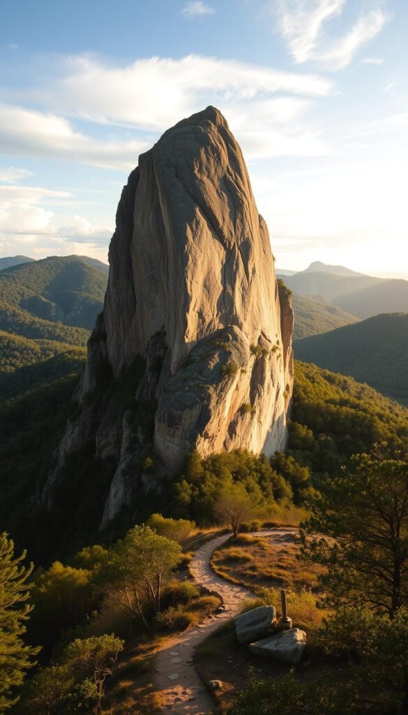 A dramatic and perilous rock formation known as Whitaker Point, or Hawksbill Crag, rising majestically against a backdrop of lush, forested hills. The crag's distinctive shape, carved by wind and weather over millennia, stands tall and imposing, its sheer cliffs and precarious ledges a challenge to even the most experienced hikers. Warm, golden sunlight filters through wispy clouds, casting long shadows and accentuating the crag's rugged contours. In the foreground, a winding trail leads towards the daunting outcrop, inviting the viewer to explore this iconic, yet hazardous, natural wonder of Arkansas. A dramatic and perilous rock formation known as Whitaker Point, or Hawksbill Crag, rising majestically against a backdrop of lush, forested hills. The crag's distinctive shape, carved by wind and weather over millennia, stands tall and imposing, its sheer cliffs and precarious ledges a challenge to even the most experienced hikers. Warm, golden sunlight filters through wispy clouds, casting long shadows and accentuating the crag's rugged contours. In the foreground, a winding trail leads towards the daunting outcrop, inviting the viewer to explore this iconic, yet hazardous, natural wonder of Arkansas.