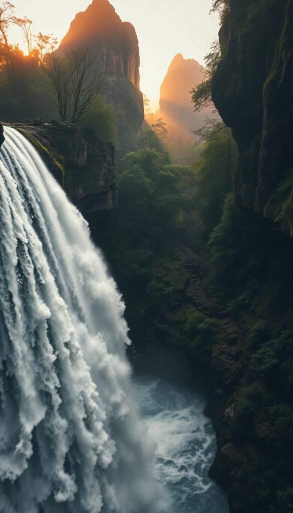 A dramatic, misty scene unfolds at the "Glory Hole Waterfall" in Arkansas. In the foreground, the powerful cascade plunges over a rugged, moss-covered cliff, creating a mesmerizing display of churning water and mist. The middle ground reveals a treacherous, slippery trail winding through the lush, verdant forest, hinting at the challenge and risk faced by hikers. In the distant background, towering rock formations loom, adding to the sense of scale and grandeur. Warm, filtered sunlight filters through the canopy, casting a moody, atmospheric glow over the entire scene. The overall mood is one of awe-inspiring natural beauty, tinged with a hint of danger and adventure. A dramatic, misty scene unfolds at the "Glory Hole Waterfall" in Arkansas. In the foreground, the powerful cascade plunges over a rugged, moss-covered cliff, creating a mesmerizing display of churning water and mist. The middle ground reveals a treacherous, slippery trail winding through the lush, verdant forest, hinting at the challenge and risk faced by hikers. In the distant background, towering rock formations loom, adding to the sense of scale and grandeur. Warm, filtered sunlight filters through the canopy, casting a moody, atmospheric glow over the entire scene. The overall mood is one of awe-inspiring natural beauty, tinged with a hint of danger and adventure.