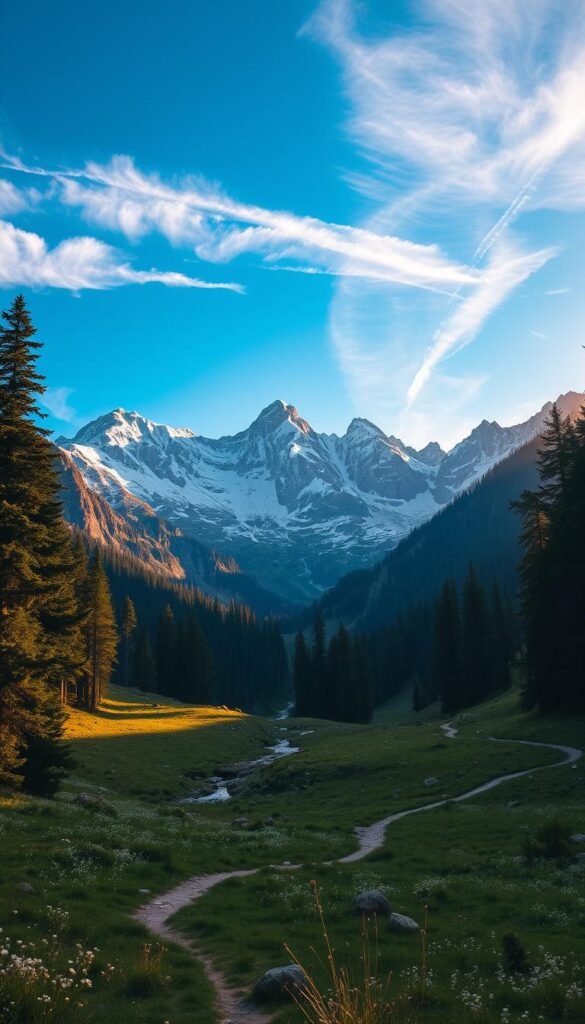 A dramatic mountain vista, with rugged snow-capped peaks reaching towards the heavens. In the foreground, a winding trail winds through a lush alpine meadow, dotted with wildflowers and traversed by a small, crystal-clear stream. Towering evergreen forests flank the scene, their dark green hues contrasting with the light of the golden-hour sun, casting long shadows across the landscape. The sky is a brilliant azure, with wispy cirrus clouds drifting lazily overhead, giving the whole scene a sense of tranquility and timelessness. The lighting is soft and diffused, creating a warm, inviting ambiance that draws the viewer in, inspiring a sense of wonder and a desire to explore this legendary, untamed realm. A dramatic mountain vista, with rugged snow-capped peaks reaching towards the heavens. In the foreground, a winding trail winds through a lush alpine meadow, dotted with wildflowers and traversed by a small, crystal-clear stream. Towering evergreen forests flank the scene, their dark green hues contrasting with the light of the golden-hour sun, casting long shadows across the landscape. The sky is a brilliant azure, with wispy cirrus clouds drifting lazily overhead, giving the whole scene a sense of tranquility and timelessness. The lighting is soft and diffused, creating a warm, inviting ambiance that draws the viewer in, inspiring a sense of wonder and a desire to explore this legendary, untamed realm.