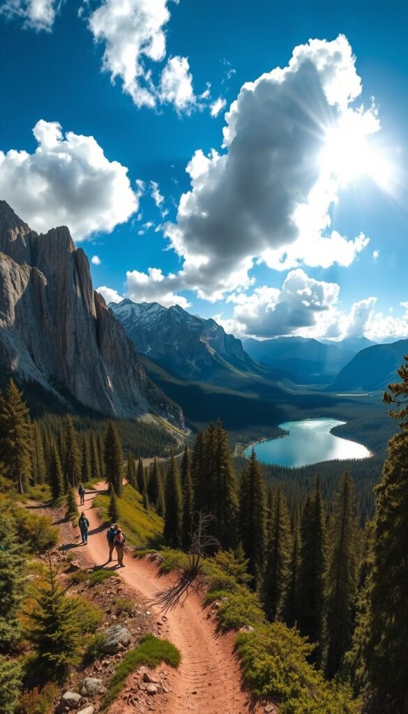 A dramatic panoramic landscape showcasing North America's most iconic hiking trails. In the foreground, a winding dirt path cut through a lush, evergreen forest, leading hikers past towering granite cliffs. In the middle distance, a glistening alpine lake reflects the rugged, snow-capped peaks of the Rockies. The sky overhead is a deep, azure blue, with fluffy, white clouds casting dramatic shadows across the scene. Warm, golden sunlight filters through the trees, bathing the trail in a soft, natural glow. The overall atmosphere evokes a sense of serene adventure, inviting the viewer to embark on an unforgettable wilderness journey. A dramatic panoramic landscape showcasing North America's most iconic hiking trails. In the foreground, a winding dirt path cut through a lush, evergreen forest, leading hikers past towering granite cliffs. In the middle distance, a glistening alpine lake reflects the rugged, snow-capped peaks of the Rockies. The sky overhead is a deep, azure blue, with fluffy, white clouds casting dramatic shadows across the scene. Warm, golden sunlight filters through the trees, bathing the trail in a soft, natural glow. The overall atmosphere evokes a sense of serene adventure, inviting the viewer to embark on an unforgettable wilderness journey.