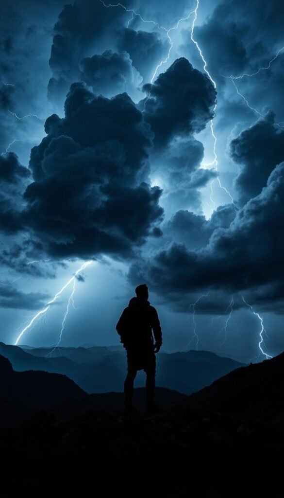 A dramatic thunderstorm rages in the sky, crackling with bolts of electricity streaking through thick, ominous clouds. In the foreground, a lone hiker stands silhouetted against the glow of the storm, gazing upward in awe and trepidation. The landscape is bathed in an eerie, bluish light, casting deep shadows that accentuate the rugged terrain. The camera angle is low, emphasizing the towering, menacing clouds above. The overall mood is one of power, beauty, and danger, perfectly capturing the risks and wonders of lightning during a hike. A dramatic thunderstorm rages in the sky, crackling with bolts of electricity streaking through thick, ominous clouds. In the foreground, a lone hiker stands silhouetted against the glow of the storm, gazing upward in awe and trepidation. The landscape is bathed in an eerie, bluish light, casting deep shadows that accentuate the rugged terrain. The camera angle is low, emphasizing the towering, menacing clouds above. The overall mood is one of power, beauty, and danger, perfectly capturing the risks and wonders of lightning during a hike.