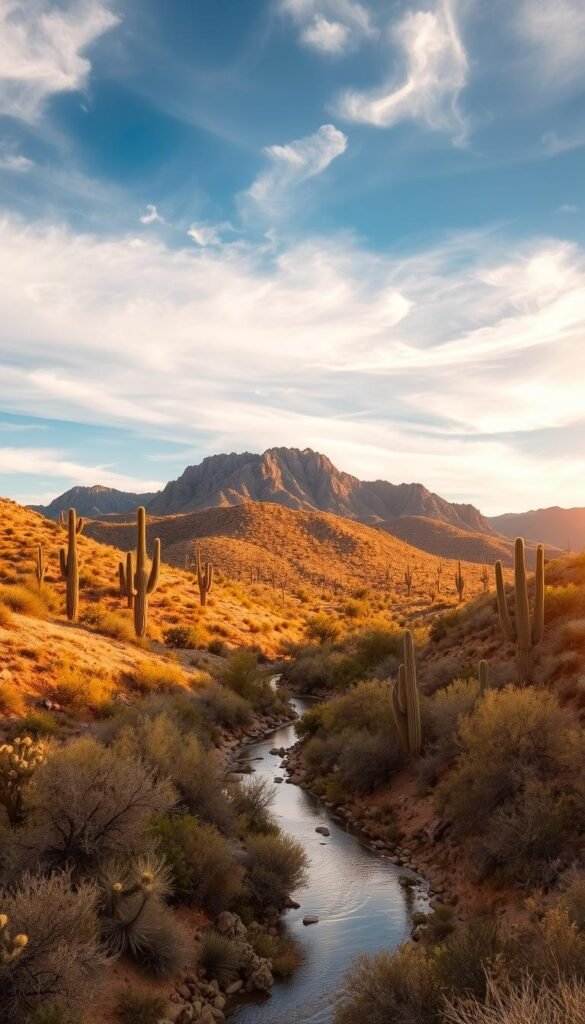 A gently sloping Sonoran Desert landscape, bathed in warm, golden sunlight filtering through wispy cirrus clouds. In the foreground, a meandering dry riverbed lined with hardy, drought-resistant mesquite and prickly pear cacti. The middle ground features undulating hills covered in a tapestry of ocotillo, barrel, and saguaro cacti, their arms reaching skyward. In the distance, rugged, weathered mountain peaks rise, their russet hues contrasting with the azure sky. The scene evokes a sense of timeless tranquility, inviting senior adventurers to explore this resilient, sun-drenched ecosystem at a relaxed pace. A gently sloping Sonoran Desert landscape, bathed in warm, golden sunlight filtering through wispy cirrus clouds. In the foreground, a meandering dry riverbed lined with hardy, drought-resistant mesquite and prickly pear cacti. The middle ground features undulating hills covered in a tapestry of ocotillo, barrel, and saguaro cacti, their arms reaching skyward. In the distance, rugged, weathered mountain peaks rise, their russet hues contrasting with the azure sky. The scene evokes a sense of timeless tranquility, inviting senior adventurers to explore this resilient, sun-drenched ecosystem at a relaxed pace.