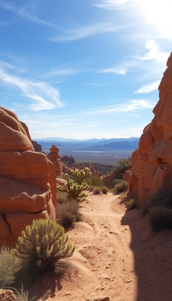 A gently winding desert loop trail winds through a rugged, sun-dappled landscape. In the foreground, smooth sandstone formations in muted ochre and sienna hues rise up, their textures and contours inviting exploration. The middle ground is dotted with hardy desert shrubs and cacti, casting soft shadows on the packed earth trail. In the distance, a range of distant mountains in shades of violet and indigo stretch out under a clear, azure sky. Warm, golden sunlight filters through wispy clouds, creating a serene, tranquil atmosphere ideal for a leisurely senior hike. A gently winding desert loop trail winds through a rugged, sun-dappled landscape. In the foreground, smooth sandstone formations in muted ochre and sienna hues rise up, their textures and contours inviting exploration. The middle ground is dotted with hardy desert shrubs and cacti, casting soft shadows on the packed earth trail. In the distance, a range of distant mountains in shades of violet and indigo stretch out under a clear, azure sky. Warm, golden sunlight filters through wispy clouds, creating a serene, tranquil atmosphere ideal for a leisurely senior hike.