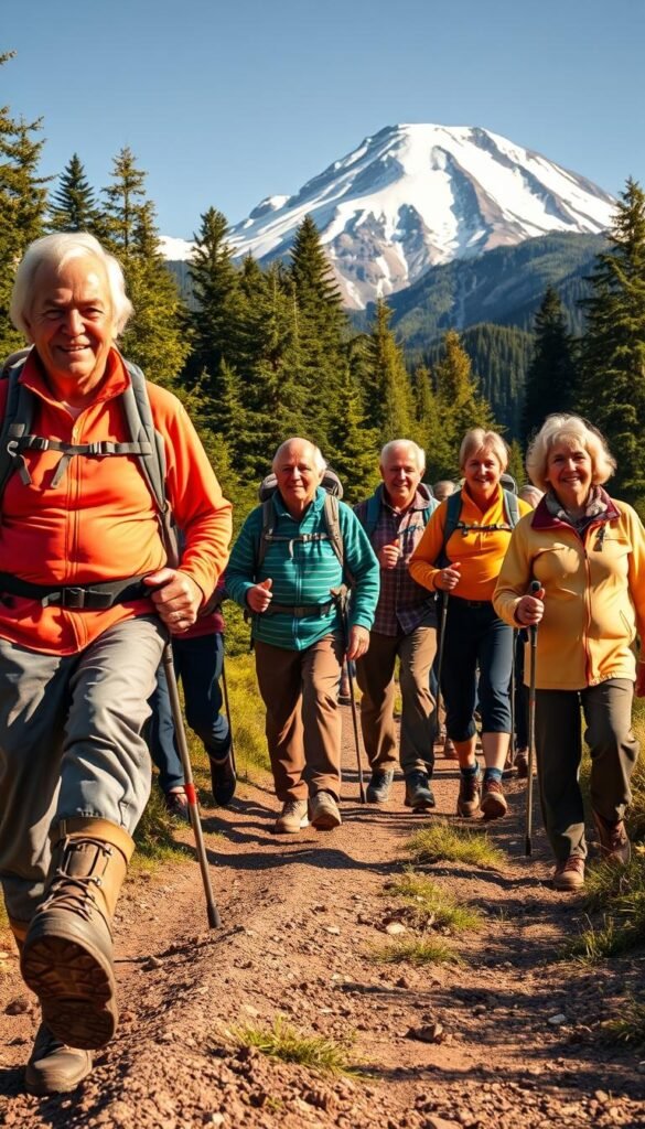 A group of senior hikers strolling along a scenic mountain trail, their faces aglow with the warm afternoon sun. In the foreground, sturdy hiking boots crunch against the packed dirt path, while in the middle-ground, the hikers' colorful, weathered outdoor attire stands in contrast to the lush, verdant foliage surrounding them. In the background, a majestic snowcapped peak rises majestically, casting long shadows across the trail. The hikers' expressions convey a sense of camaraderie, determination and joy as they embrace the challenge and beauty of the great outdoors. A group of senior hikers strolling along a scenic mountain trail, their faces aglow with the warm afternoon sun. In the foreground, sturdy hiking boots crunch against the packed dirt path, while in the middle-ground, the hikers' colorful, weathered outdoor attire stands in contrast to the lush, verdant foliage surrounding them. In the background, a majestic snowcapped peak rises majestically, casting long shadows across the trail. The hikers' expressions convey a sense of camaraderie, determination and joy as they embrace the challenge and beauty of the great outdoors.