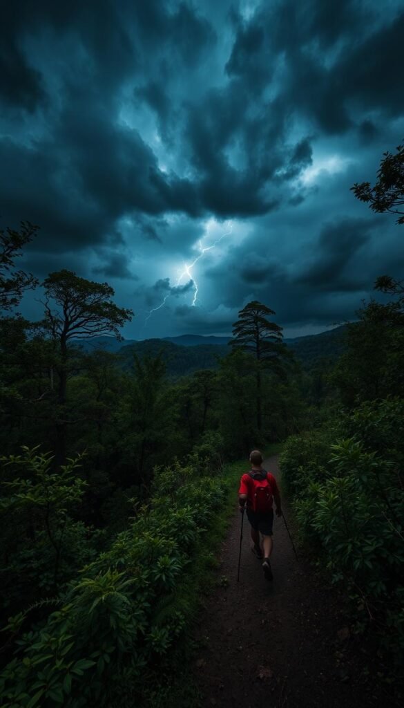 A hikers' path winding through a lush, verdant forest, the sky darkening with ominous storm clouds. Swirling winds whip through the treetops, bending branches and rustling leaves. In the distance, a flash of lightning illuminates the horizon, followed by a distant rumble of thunder. The hiker, caught in the gathering gloom, pauses to survey the approaching tempest, a sense of urgency rising as the storm nears. Moody, atmospheric lighting casts dramatic shadows, heightening the sense of impending danger. The hiker must quickly decide whether to seek shelter or continue on, aware that the storm's fury is rapidly descending. A hikers' path winding through a lush, verdant forest, the sky darkening with ominous storm clouds. Swirling winds whip through the treetops, bending branches and rustling leaves. In the distance, a flash of lightning illuminates the horizon, followed by a distant rumble of thunder. The hiker, caught in the gathering gloom, pauses to survey the approaching tempest, a sense of urgency rising as the storm nears. Moody, atmospheric lighting casts dramatic shadows, heightening the sense of impending danger. The hiker must quickly decide whether to seek shelter or continue on, aware that the storm's fury is rapidly descending.