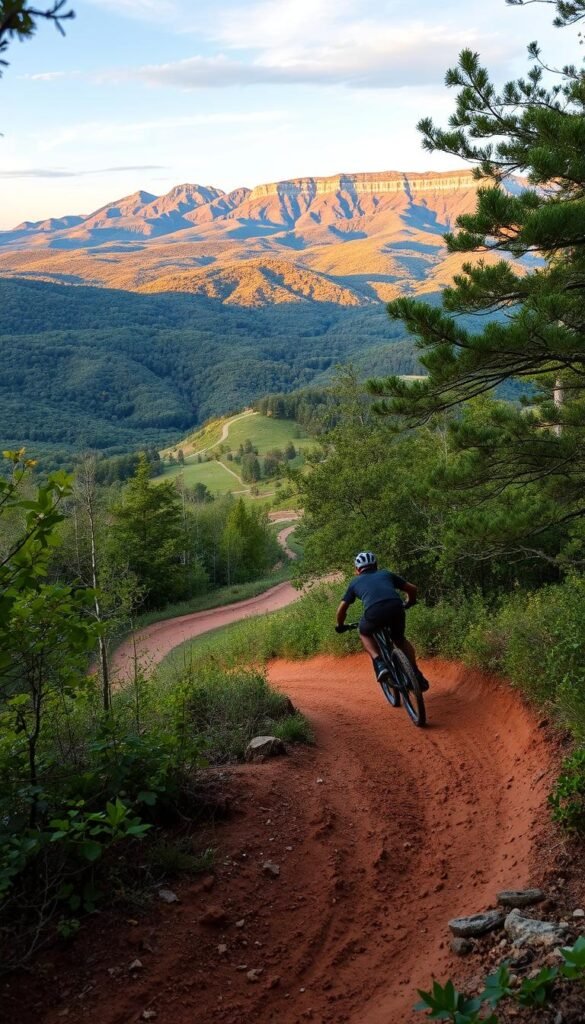 A lush, verdant forest frames the rolling hills of Bentonville, Arkansas, where a vast network of expertly-crafted mountain bike trails winds through the landscape. In the foreground, a skilled rider navigates a technical section, their bike's tires gripping the loamy soil as they expertly maneuver through the turns. The middle ground reveals a sweeping vista of the trail system, with banked berms and jumps that invite the rider to test their limits. In the background, the rugged Ozark Mountains rise up, their peaks bathed in the warm glow of the afternoon sun, creating an awe-inspiring natural backdrop. The scene conveys the thrill, challenge, and sheer beauty of mountain biking in the heart of the "Mountain Bike Capital of the World." A lush, verdant forest frames the rolling hills of Bentonville, Arkansas, where a vast network of expertly-crafted mountain bike trails winds through the landscape. In the foreground, a skilled rider navigates a technical section, their bike's tires gripping the loamy soil as they expertly maneuver through the turns. The middle ground reveals a sweeping vista of the trail system, with banked berms and jumps that invite the rider to test their limits. In the background, the rugged Ozark Mountains rise up, their peaks bathed in the warm glow of the afternoon sun, creating an awe-inspiring natural backdrop. The scene conveys the thrill, challenge, and sheer beauty of mountain biking in the heart of the "Mountain Bike Capital of the World."