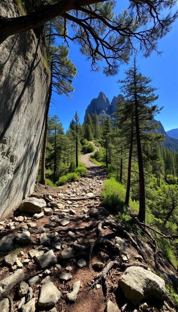 A majestic, sun-dappled trail snakes through a verdant forest, leading to the imposing silhouette of the Big Bluff rising in the distance. The foreground is dotted with weathered rocks and gnarled tree roots, creating a challenging, technical path for hikers. Dramatic cliffs loom overhead, casting dramatic shadows that accentuate the rugged terrain. The middle ground features a steep, winding ascent, testing the nerve of adventurers as they climb towards the precipice. In the background, the towering limestone formations of the Big Bluff stand tall, their jagged edges etched against a brilliant azure sky. An air of exhilaration and peril permeates the scene, capturing the essence of this treacherous yet captivating hiking destination. A majestic, sun-dappled trail snakes through a verdant forest, leading to the imposing silhouette of the Big Bluff rising in the distance. The foreground is dotted with weathered rocks and gnarled tree roots, creating a challenging, technical path for hikers. Dramatic cliffs loom overhead, casting dramatic shadows that accentuate the rugged terrain. The middle ground features a steep, winding ascent, testing the nerve of adventurers as they climb towards the precipice. In the background, the towering limestone formations of the Big Bluff stand tall, their jagged edges etched against a brilliant azure sky. An air of exhilaration and peril permeates the scene, capturing the essence of this treacherous yet captivating hiking destination.