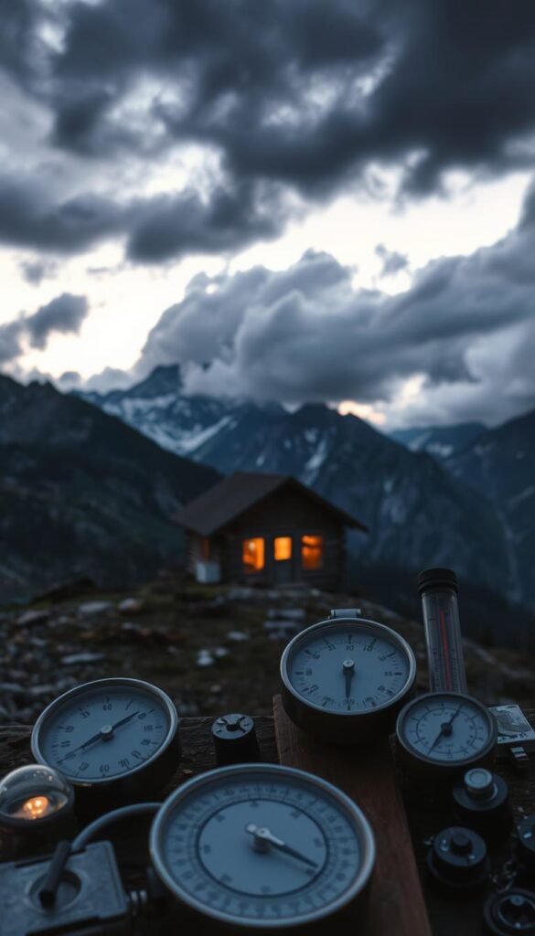 A mountainous landscape at dusk, with a variety of weather forecasting tools prominently displayed in the foreground. In the middle ground, a weathered wooden cabin nestled among the peaks, its windows glowing with a warm, cozy light. In the background, dark storm clouds gather, hinting at the changing weather conditions. The scene is illuminated by a soft, diffused light, creating a serene and contemplative atmosphere. The weather instruments, including a barometer, anemometer, and thermometer, are rendered in intricate detail, conveying a sense of scientific precision and preparedness. This image captures the essence of planning ahead for unpredictable mountain weather. A mountainous landscape at dusk, with a variety of weather forecasting tools prominently displayed in the foreground. In the middle ground, a weathered wooden cabin nestled among the peaks, its windows glowing with a warm, cozy light. In the background, dark storm clouds gather, hinting at the changing weather conditions. The scene is illuminated by a soft, diffused light, creating a serene and contemplative atmosphere. The weather instruments, including a barometer, anemometer, and thermometer, are rendered in intricate detail, conveying a sense of scientific precision and preparedness. This image captures the essence of planning ahead for unpredictable mountain weather.