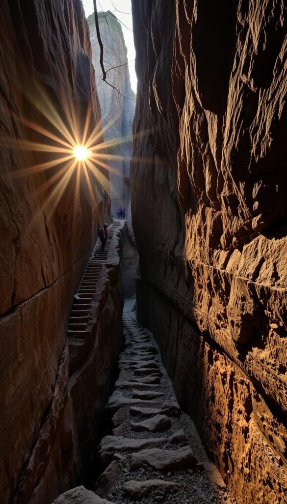 A perilous trail winds through a narrow, rocky chasm, the "Eye of the Needle" in Arkansas' rugged wilderness. Towering cliffs loom overhead, casting dramatic shadows over the treacherous path below. The sun's golden rays filter through the gap, illuminating the rugged terrain and casting an ominous glow. Hikers must navigate precarious steps, their footfalls echoing in the stillness. The air is thick with tension, the only sounds the whisper of the wind and the occasional crunch of gravel underfoot. This is a journey for the brave and the sure-footed, a test of endurance and nerve in the face of nature's most daunting challenges. A perilous trail winds through a narrow, rocky chasm, the "Eye of the Needle" in Arkansas' rugged wilderness. Towering cliffs loom overhead, casting dramatic shadows over the treacherous path below. The sun's golden rays filter through the gap, illuminating the rugged terrain and casting an ominous glow. Hikers must navigate precarious steps, their footfalls echoing in the stillness. The air is thick with tension, the only sounds the whisper of the wind and the occasional crunch of gravel underfoot. This is a journey for the brave and the sure-footed, a test of endurance and nerve in the face of nature's most daunting challenges.