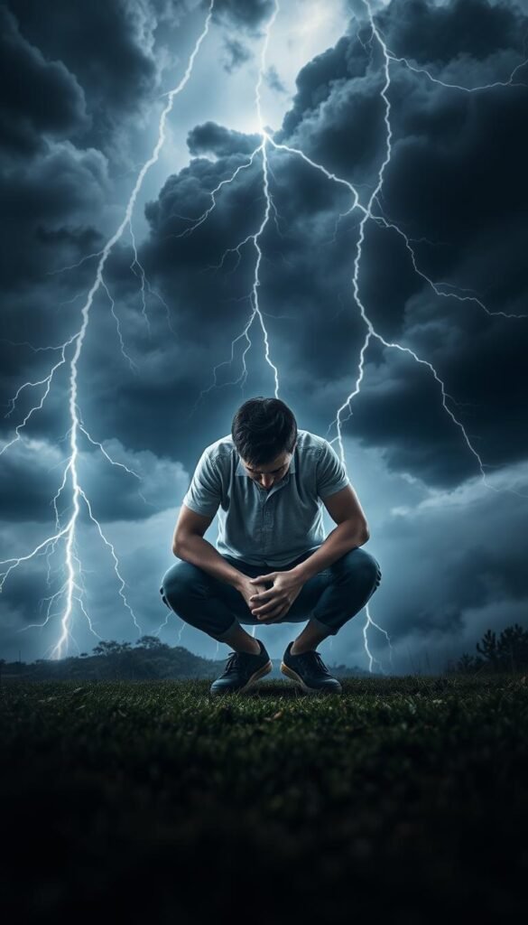 A person in a lightning safety position, crouched low with feet together, head down and hands on knees, surrounded by a stormy, dramatic sky. Dramatic lighting with intense shadows and highlights, creating a sense of tension and urgency. The subject is positioned in the middle ground, with a moody, atmospheric background of dark clouds, flashes of lightning, and a sense of impending danger. The image should convey a feeling of protection, safety, and preparedness in the face of a powerful natural force. A person in a lightning safety position, crouched low with feet together, head down and hands on knees, surrounded by a stormy, dramatic sky. Dramatic lighting with intense shadows and highlights, creating a sense of tension and urgency. The subject is positioned in the middle ground, with a moody, atmospheric background of dark clouds, flashes of lightning, and a sense of impending danger. The image should convey a feeling of protection, safety, and preparedness in the face of a powerful natural force.