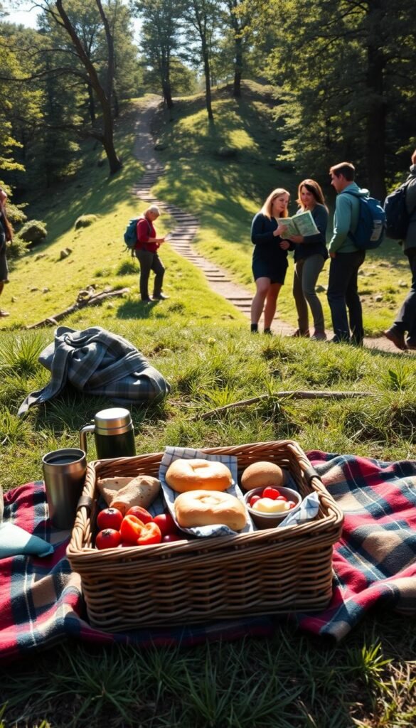 A picnic basket filled with pastries, fresh fruit, and a thermos of hot coffee sits in the foreground, surrounded by a cozy plaid blanket on a grassy knoll. In the middle ground, a group of friends in hiking gear consult a map and make plans, discussing their route for the day's brunch hike. The background features a lush, wooded trail leading up a gently sloping hill, dappled with sunlight peeking through the canopy. The atmosphere is peaceful and inviting, conveying the perfect blend of adventure and indulgence for the upcoming brunch hike. A picnic basket filled with pastries, fresh fruit, and a thermos of hot coffee sits in the foreground, surrounded by a cozy plaid blanket on a grassy knoll. In the middle ground, a group of friends in hiking gear consult a map and make plans, discussing their route for the day's brunch hike. The background features a lush, wooded trail leading up a gently sloping hill, dappled with sunlight peeking through the canopy. The atmosphere is peaceful and inviting, conveying the perfect blend of adventure and indulgence for the upcoming brunch hike.