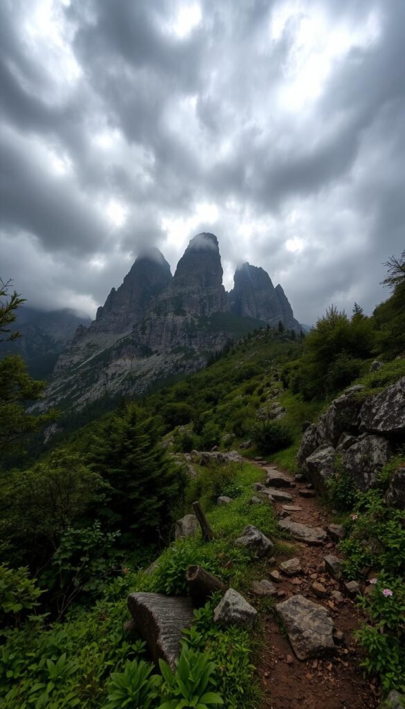 A rugged, mountainous landscape during a stormy day. In the foreground, a winding trail through lush, verdant undergrowth, dotted with sturdy rocks and fallen logs providing secure footing. Towering, jagged peaks rise in the middle ground, their summits shrouded in swirling, ominous clouds. Rays of sunlight pierce through the gloom, casting dramatic shadows and highlights across the scene. The atmosphere is one of tranquil solitude, with a sense of safety and shelter from the impending storm. The image is captured with a wide-angle lens, emphasizing the scale and grandeur of the terrain. A rugged, mountainous landscape during a stormy day. In the foreground, a winding trail through lush, verdant undergrowth, dotted with sturdy rocks and fallen logs providing secure footing. Towering, jagged peaks rise in the middle ground, their summits shrouded in swirling, ominous clouds. Rays of sunlight pierce through the gloom, casting dramatic shadows and highlights across the scene. The atmosphere is one of tranquil solitude, with a sense of safety and shelter from the impending storm. The image is captured with a wide-angle lens, emphasizing the scale and grandeur of the terrain.
